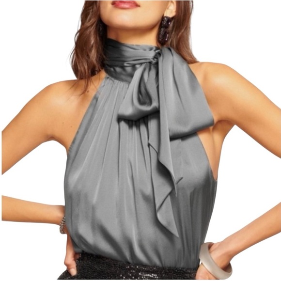 RAMY BROOKE Lori Silk Halter Top | Slate Grey Tie High Neck Sleeveless Blouse XS - Picture 1 of 7